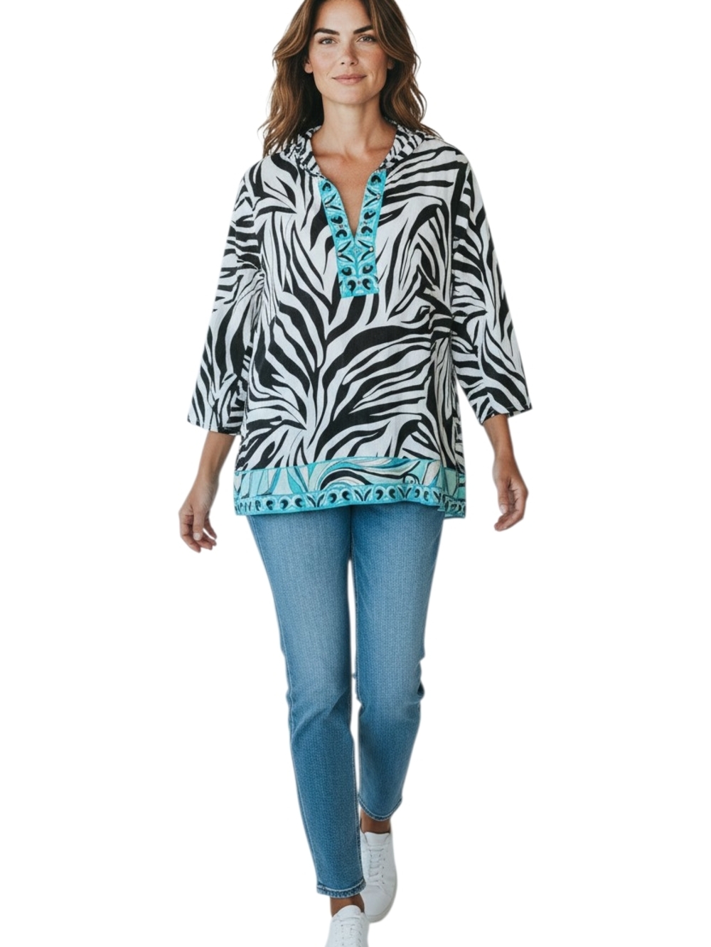 JM Collection Black-and-White Zebra Tunic with Turquoise Trim - Picture 1 of 8